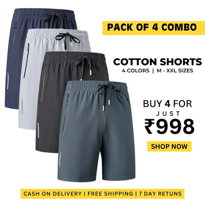 Combo of 4 Men's Stretchable Cotton Shorts for Summers 🌞👕